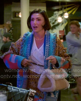 Bronwyn’s printed fringed cardigan and skirt on The Real Housewives of Salt Lake City Bronwyn’s printed fringed cardigan and skirt on The Real Housewives of Salt Lake City