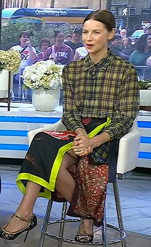 Caitriona Balfe’s yellow plaid shirt and patchwork wrap skirt on Today