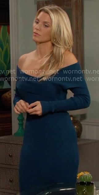 Cat's blue off-shoulder sweater dress on Days of our Lives Cat's blue off-shoulder sweater dress on Days of our Lives