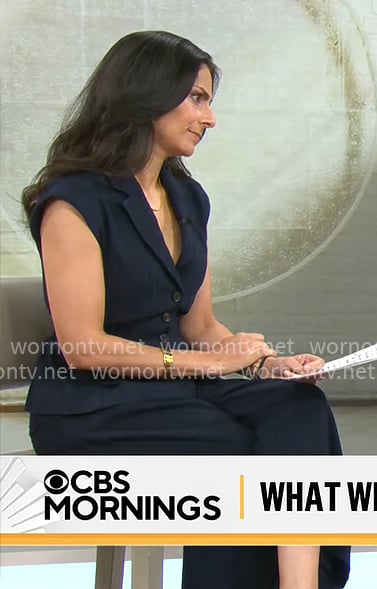 Celine Gounder’s navy vest and pants set on CBS Mornings Celine Gounder’s navy vest and pants set on CBS Mornings