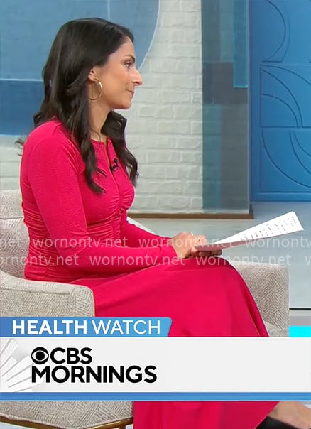 Celine Gounder’s pink ruched front dress on CBS Mornings Celine Gounder’s pink ruched front dress on CBS Mornings