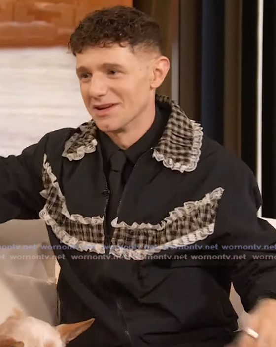 Chris Perfetti’s black lace ruffle jacket on The Drew Barrymore Show Chris Perfetti’s black lace ruffle jacket on The Drew Barrymore Show