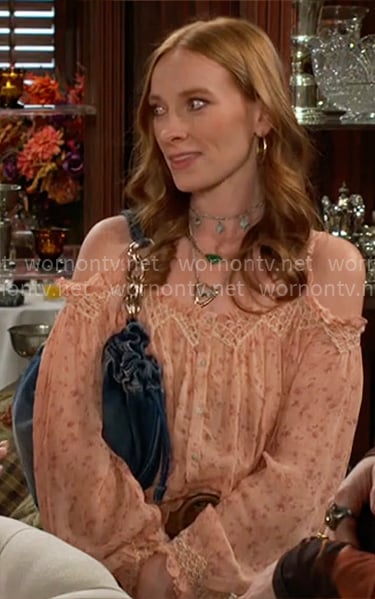 Coco’s pink floral top and denim bag on The Young and the Restless Coco’s pink floral top and denim bag on The Young and the Restless