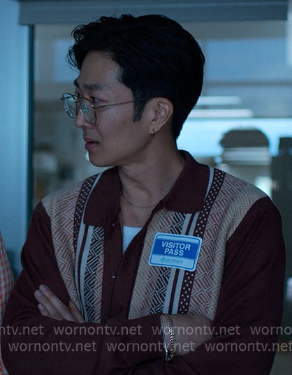 Daniel’s brown geometric print cardigan on Reasonable Doubt