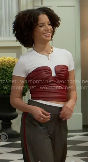 Deanna’s burgundy leather top and grey pinstripe pants on Beyond the Gates Deanna’s burgundy leather top and grey pinstripe pants on Beyond the Gates