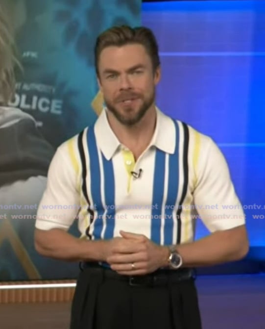 Derek Hough’s white striped polo on Extra Derek Hough’s white striped polo on Extra