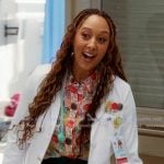 Dr Steffie’s multicolored printed blouse on Scrubs Dr Steffie’s multicolored printed blouse on Scrubs