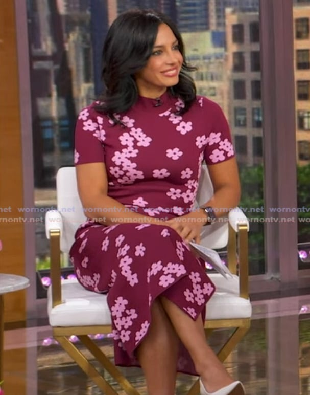 Dr Tara Narula’s burgundy floral sheath dress on Good Morning America