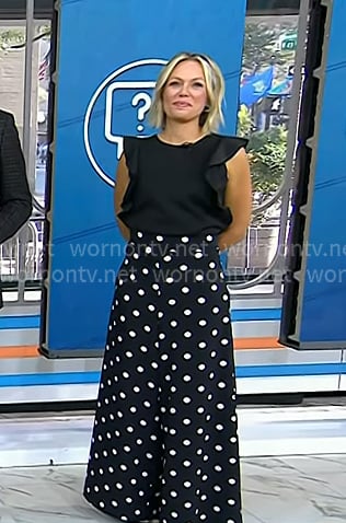 Dylan’s black ruffle top and polka dot wide-leg pants on Today