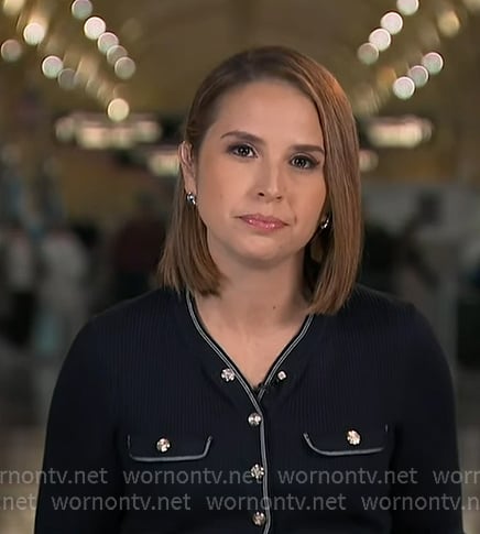 Elizabeth's navy contrast trim cardigan on Good Morning America