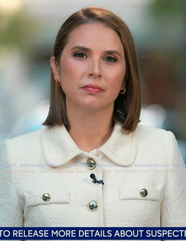 Elizabeth’s white textured jacket on Good Morning America Elizabeth’s white textured jacket on Good Morning America