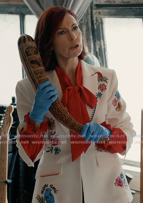 Elsbeth’s white embroidered ruched sleeve blazer on Elsbeth Elsbeth’s white embroidered ruched sleeve blazer on Elsbeth