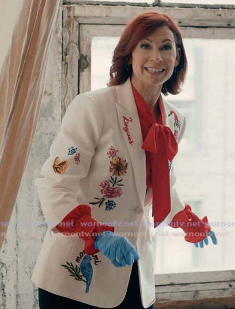 Elsbeth's white embroidered ruched sleeve blazer on Elsbeth