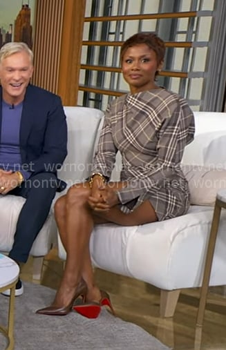 Emayatzy Corinealdi’s grey plaid mini dress on Good Morning America Emayatzy Corinealdi’s grey plaid mini dress on Good Morning America