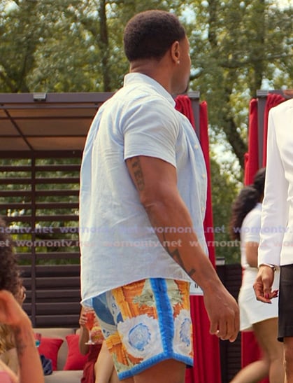 Eric’s blue printed beach shorts on Reasonable Doubt Eric’s blue printed beach shorts on Reasonable Doubt