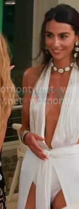 Erika's white plunging neckline maxi dress on The Real Housewives of New York City