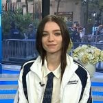 Esmé Creed-Miles’s white striped logo embroidered jacket on Today