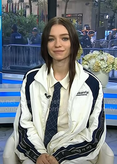 Esmé Creed-Miles’s white striped logo embroidered jacket on Today Esmé Creed-Miles’s white striped logo embroidered jacket on Today