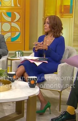 Gayle King's blue ribbed v-neck dress on CBS Mornings