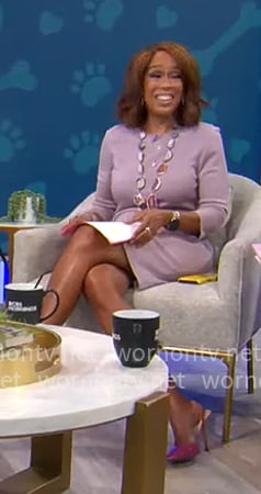 Gayle King's light purple statement sleeve sheath dress on CBS Mornings