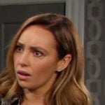 Gwen’s navy paisley print shirt on Days of our Lives Gwen’s navy paisley print shirt on Days of our Lives