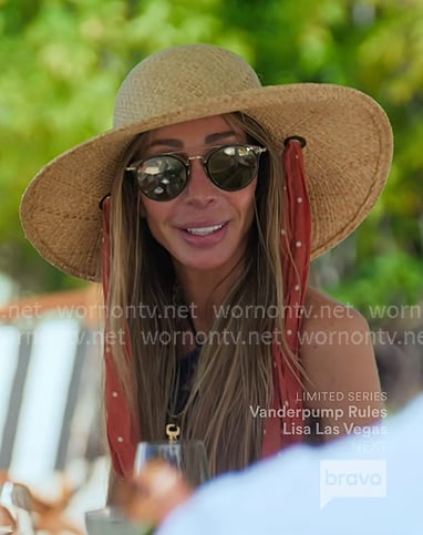 Hailey’s straw hat with polka dot strap on The Real Housewives of New York City Hailey’s straw hat with polka dot strap on The Real Housewives of New York City