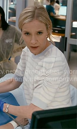 Hannah’s striped puff-sleeve sweater on Chicago Med Hannah’s striped puff-sleeve sweater on Chicago Med