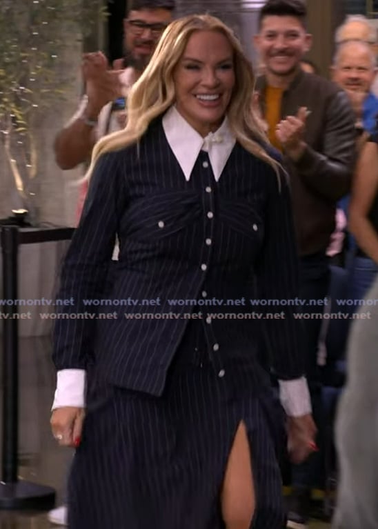 Heather Gay’s pinstripe shirt and skirt on Live with Kelly and Mark
