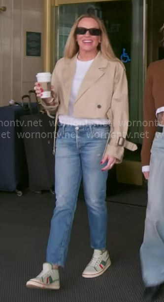 Heather’s beige crop trench jacket on The Real Housewives of Salt Lake City Heather’s beige crop trench jacket on The Real Housewives of Salt Lake City