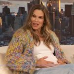 Hilary Swank's multicolored knit cardigan on The Drew Barrymore Show Hilary Swank's multicolored knit cardigan on The Drew Barrymore Show