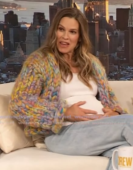 Hilary Swank’s multicolored knit cardigan on The Drew Barrymore Show Hilary Swank’s multicolored knit cardigan on The Drew Barrymore Show