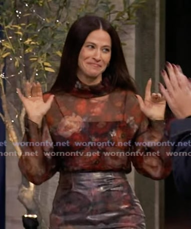 Jackie Tohn’s black floral print blouse on Live with Kelly and Mark Jackie Tohn’s black floral print blouse on Live with Kelly and Mark