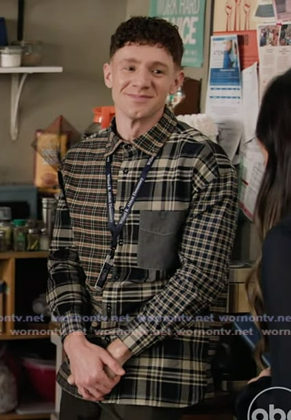Jacob's mixed plaid shirt on Abbott Elementary