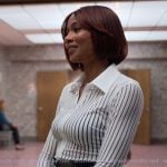 Jax’s white sheer stripe blouse and skirt on Reasonable Doubt