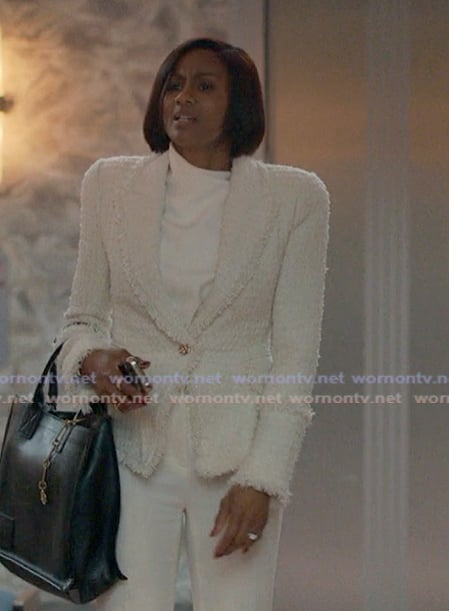 Jax’s white tweed blazer on Reasonable Doubt Jax’s white tweed blazer on Reasonable Doubt