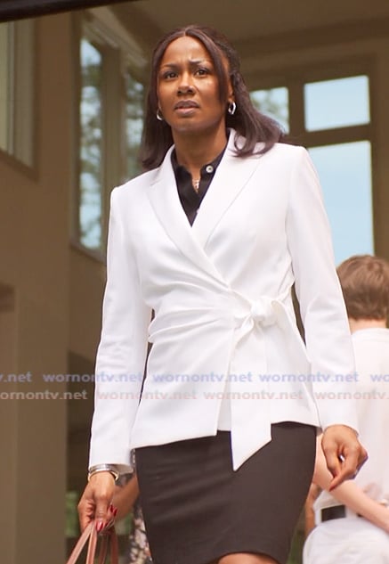 Jax’s white wrap blazer on Reasonable Doubt