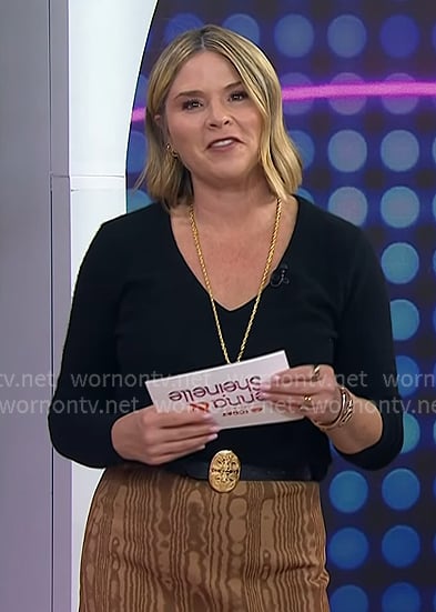 Jenna’s brown print skirt and black leather belt on Today