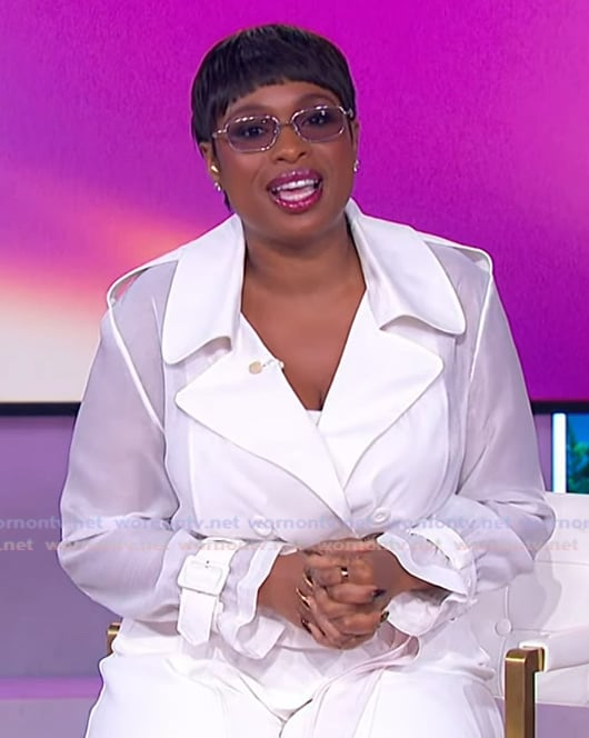 Jennifer’s white sheer belted blazer on The Jennifer Hudson Show Jennifer’s white sheer belted blazer on The Jennifer Hudson Show