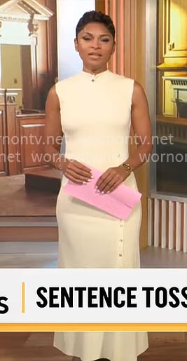 Jericka Duncan’s ivory knit midi dress on CBS Mornings Jericka Duncan’s ivory knit midi dress on CBS Mornings