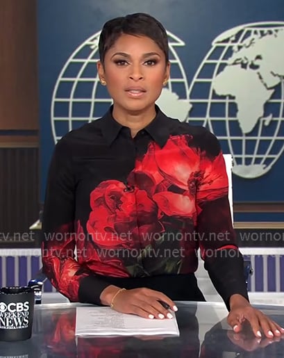 Jericka's black rose print shirt on CBS Evening News