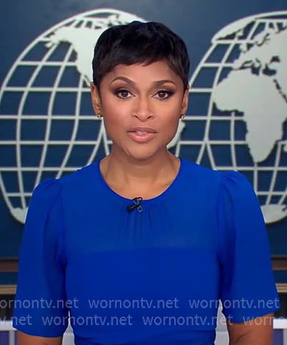 Jericka's blue embroidered waist dress on CBS Evening News