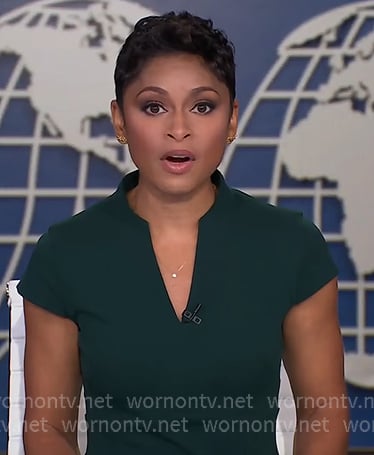 Jericka’s green v-neck cap sleeve dress on CBS Evening News Jericka’s green v-neck cap sleeve dress on CBS Evening News