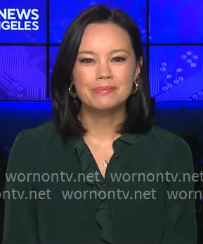 Jo Ling Kent's green ruffle trim top on CBS Mornings