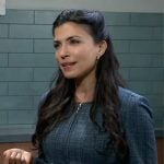 Justine’s navy blue peplum tweed jacket on General Hospital Justine’s navy blue peplum tweed jacket on General Hospital