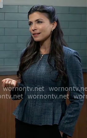 Justine's navy blue peplum tweed jacket on General Hospital