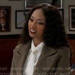 Kat's brown herringbone jacket and shorts set on Beyond the Gates