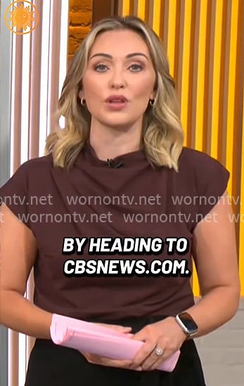 Kelly O’Grady’s brown draped top on CBS Mornings Kelly O’Grady’s brown draped top on CBS Mornings