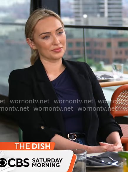 Kelly O'Grady's navy asymmetric top and black blazer on CBS Mornings