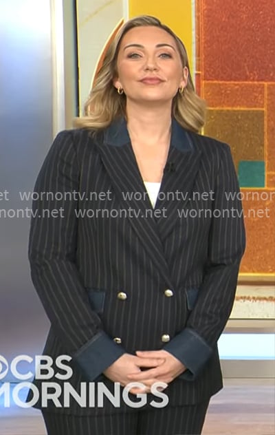 Kelly O’Grady’s navy pinstripe suit with denim trims on CBS Mornings Kelly O’Grady’s navy pinstripe suit with denim trims on CBS Mornings