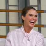Keri Russell's pink striped tie neck shirt on Good Morning America